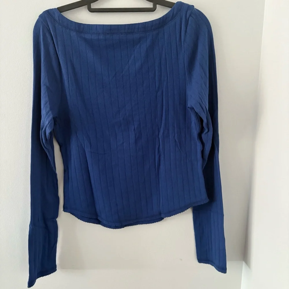 Free People Coffee Chat Pointelle Long Sleeve Cotton Top In Moonlit Ocean Size L